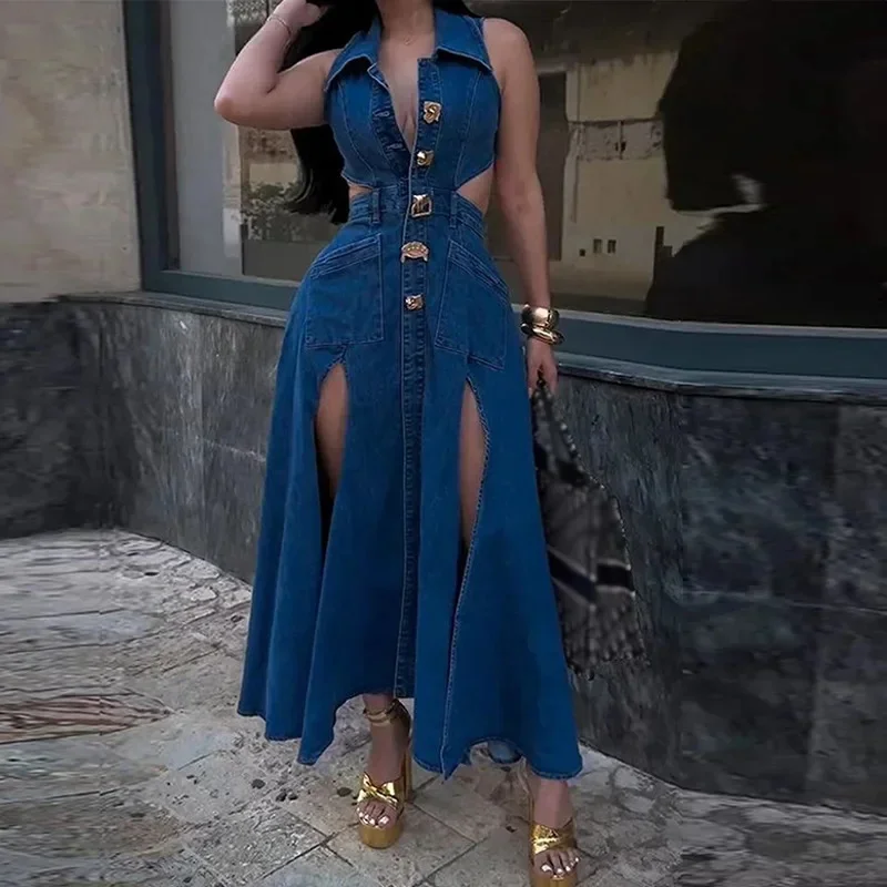 Sexy aushöhlen Denim lange Kleider Frauen Mode einreihig solide ärmellose Revers geteilt eine Linie Kleid Dame Sommer Dame Robe