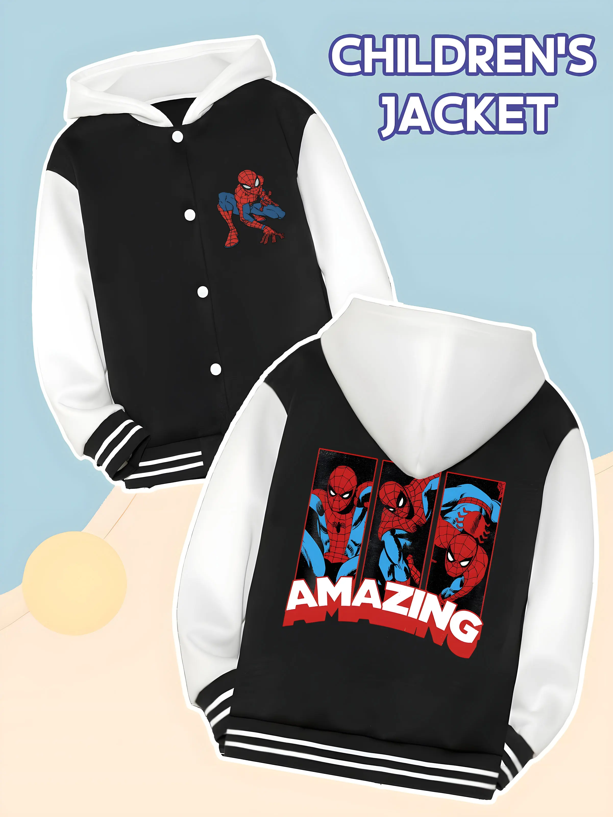 

MINISO Marvel Spider-Man Classic Action Boys Baseball Jacket - Spider-Man classic action print, double-sided to show the hero ch