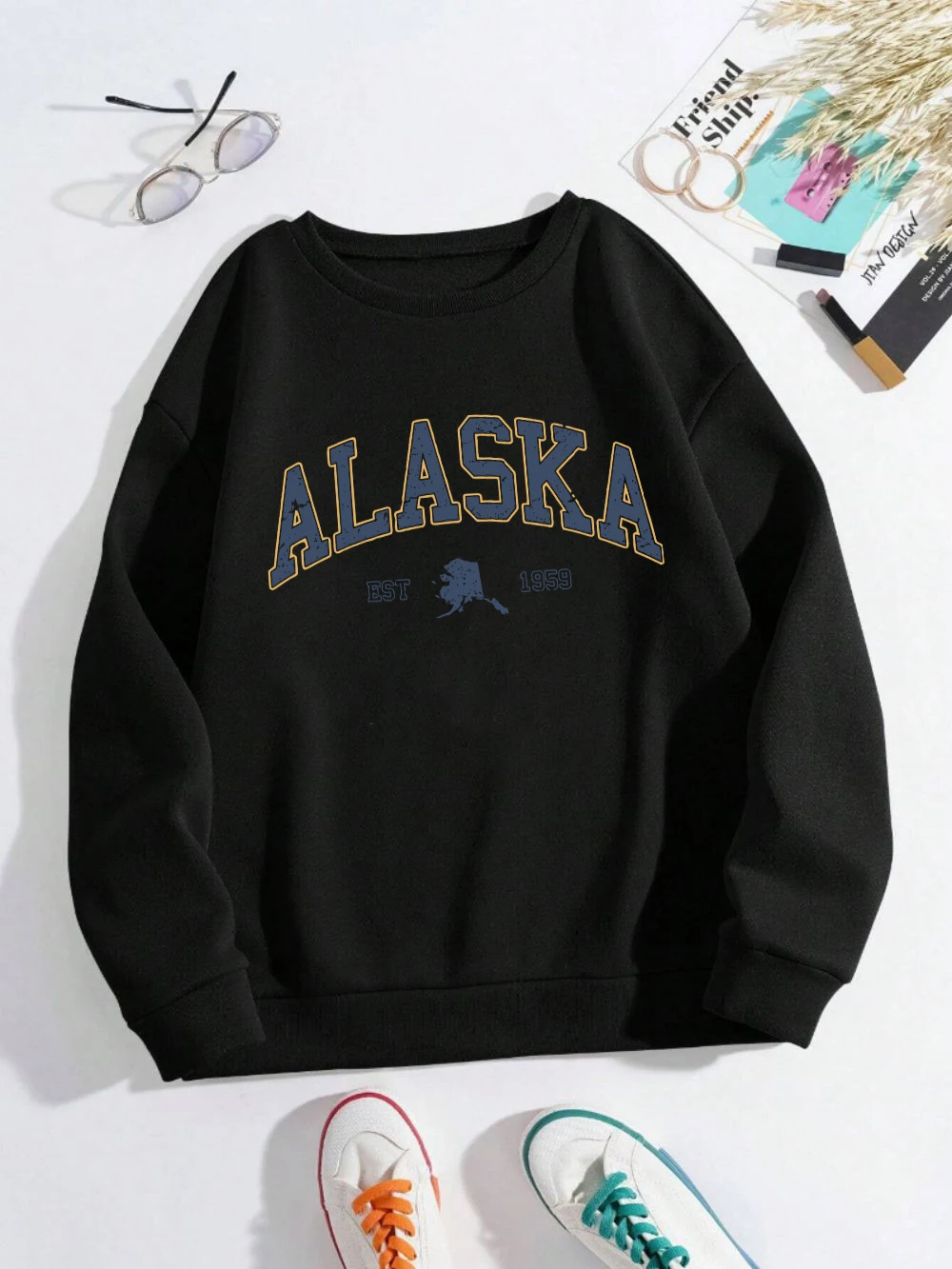 Sudadera con estampado de letras de Alaska America para mujer, ropa deportiva Multicolor de Hip Hop, jerséis de cuello redondo Y2K de lana, ropa de calle holgada