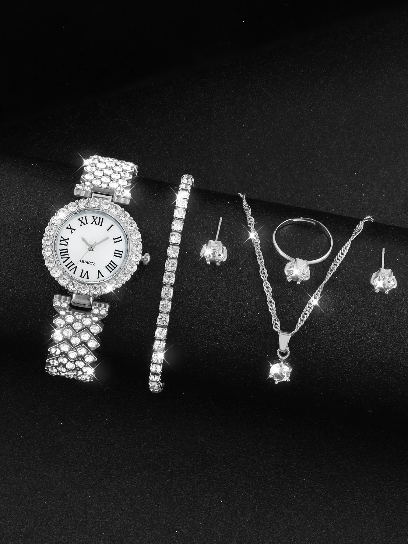 Silver Party Rome Full Diamond women's quartz watch and full diamond necklace set for everyday wear with back-to-school gifts