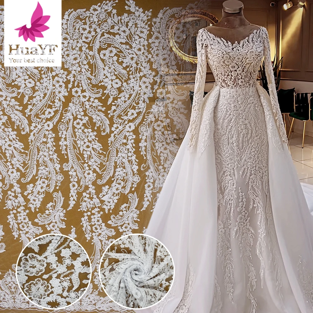 

1 Yard Heavy Beaded Pure White Bridal Mesh Gown Wholesale Sequin Embroidery Tulle Wedding Dress Lace Fabric HY2190