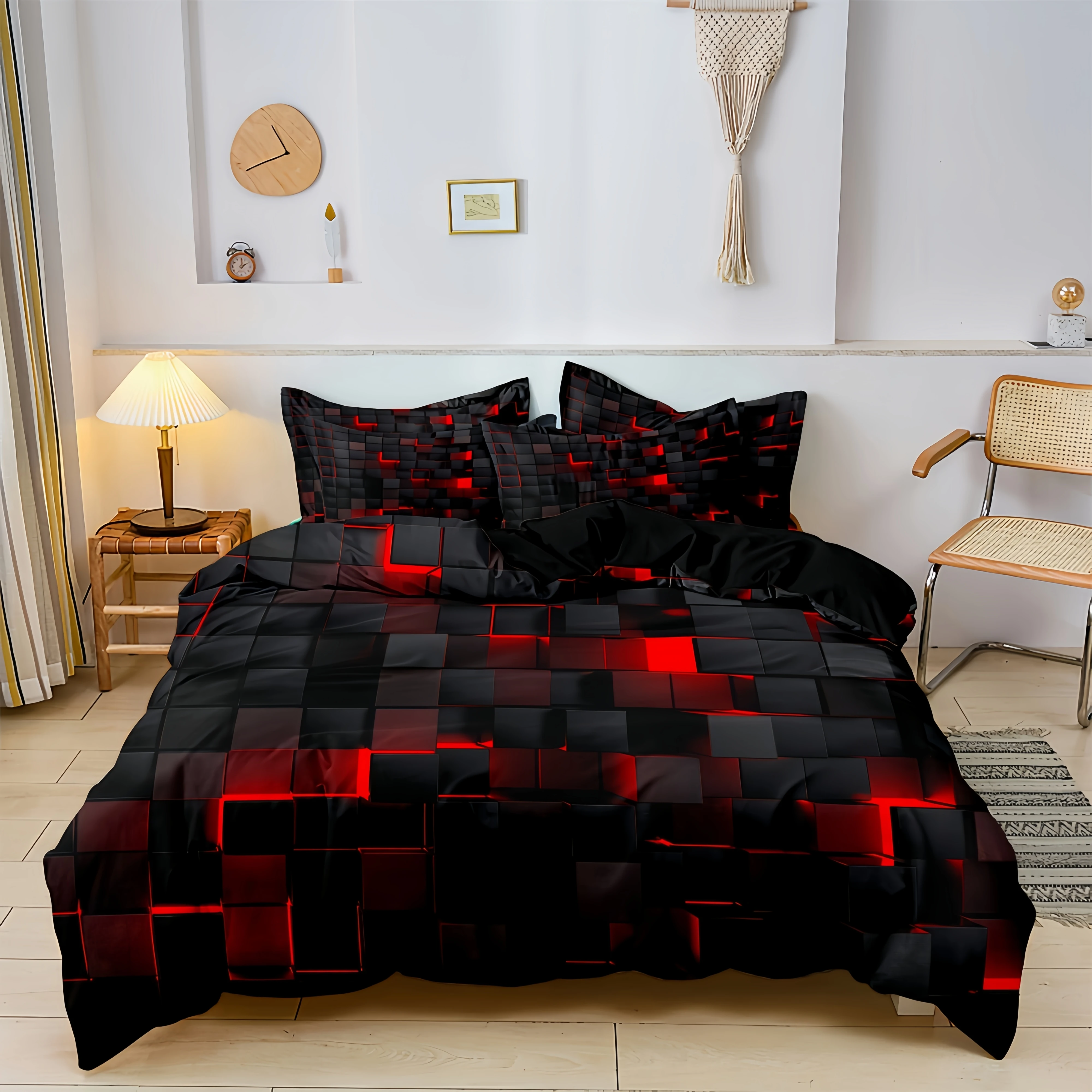 Modern Duvet Cover Set (1*Duvet Cover+2*Pillowcases) Fashion Red Grid 3D Bedding Set Soft Comfortable Duvet Cover For Bedroom