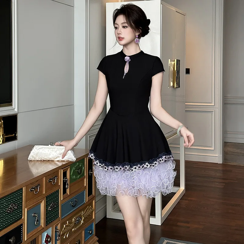 

Новое женское платье-ципао 2026 года, летняя коллекция, китайский дизайн, с воротником-стойкой, пышное, с оборками, модель 21707