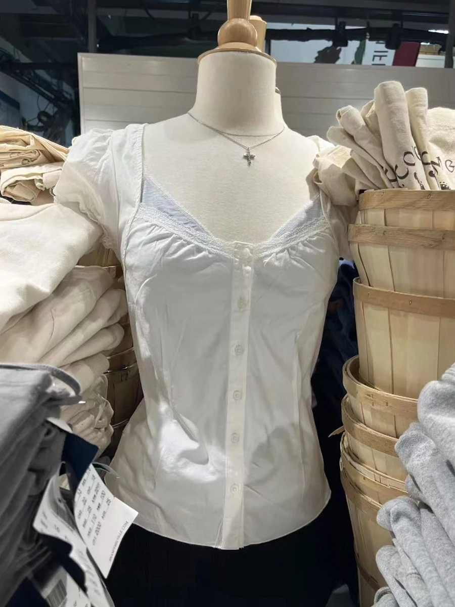 

Lace Trim White Slim T-Shirt Blouse Women Summer Square Collar Single Button Short Puff Sleeve Tshirt Solid Simple Cotton Tees