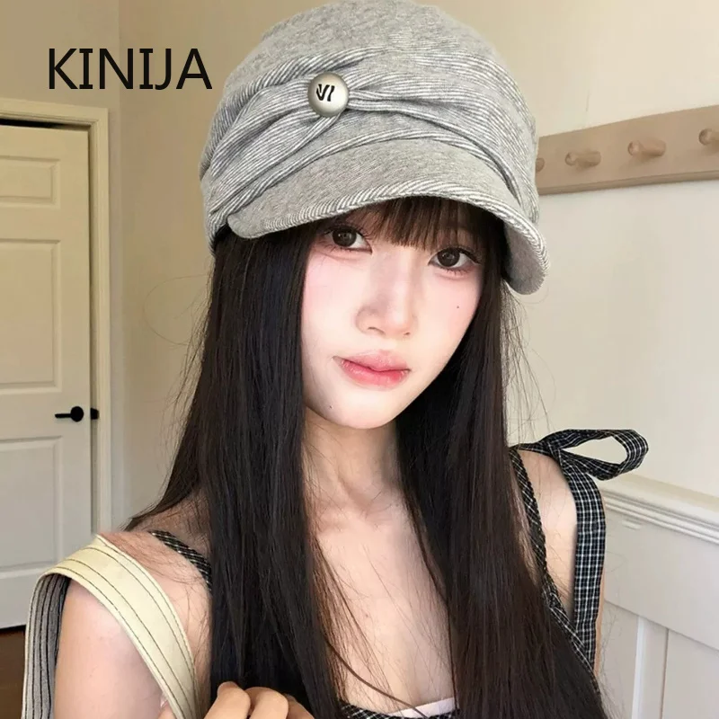 Retro Pleated Button Beret Versatile Equestrian Hat Pleats Stretch Breathability Women Versatile Octagonal Autumn Winter Cap