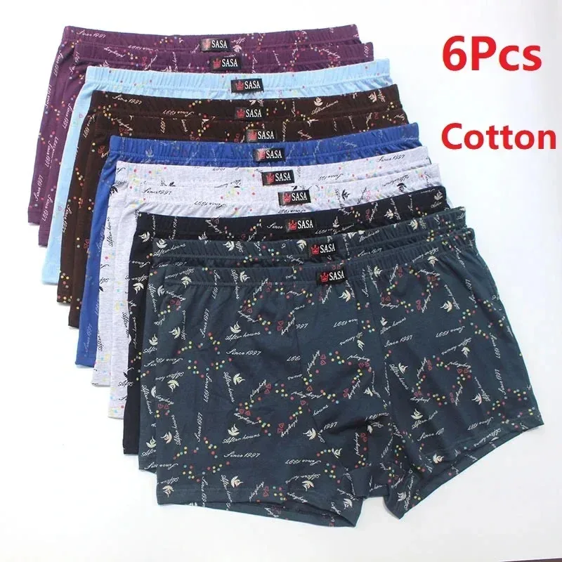 

6Pcs/Lot Men'S Underwear Boxer Shorts Cotton Plus Size Loose Breathable Mid-Waist Print Sexy Middle-Aged Men'S Shorts
