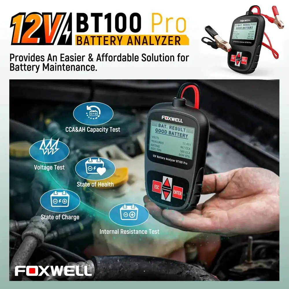 FOXWELL BT100 Pro Car Battery Tester Analyzer 12V 100-1100CCA Detect Health Faults Automotive 12 Volts Battery Diagnostic Tools