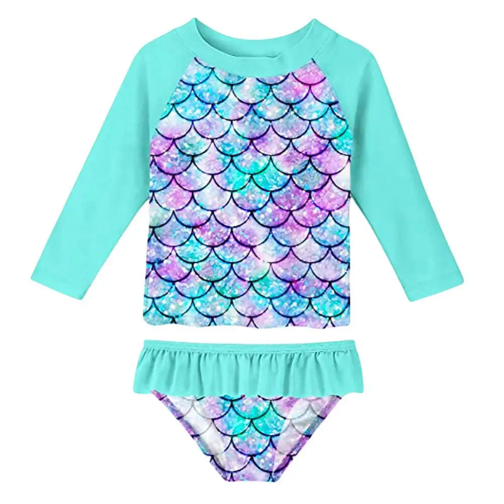 Kids Girls Rashguard 2 Pieces Swimsuit Set Long Sleeve Bathing Suits Mermaid Ruffled Bikini Bottoms Swimwear 2-7 Years For Child