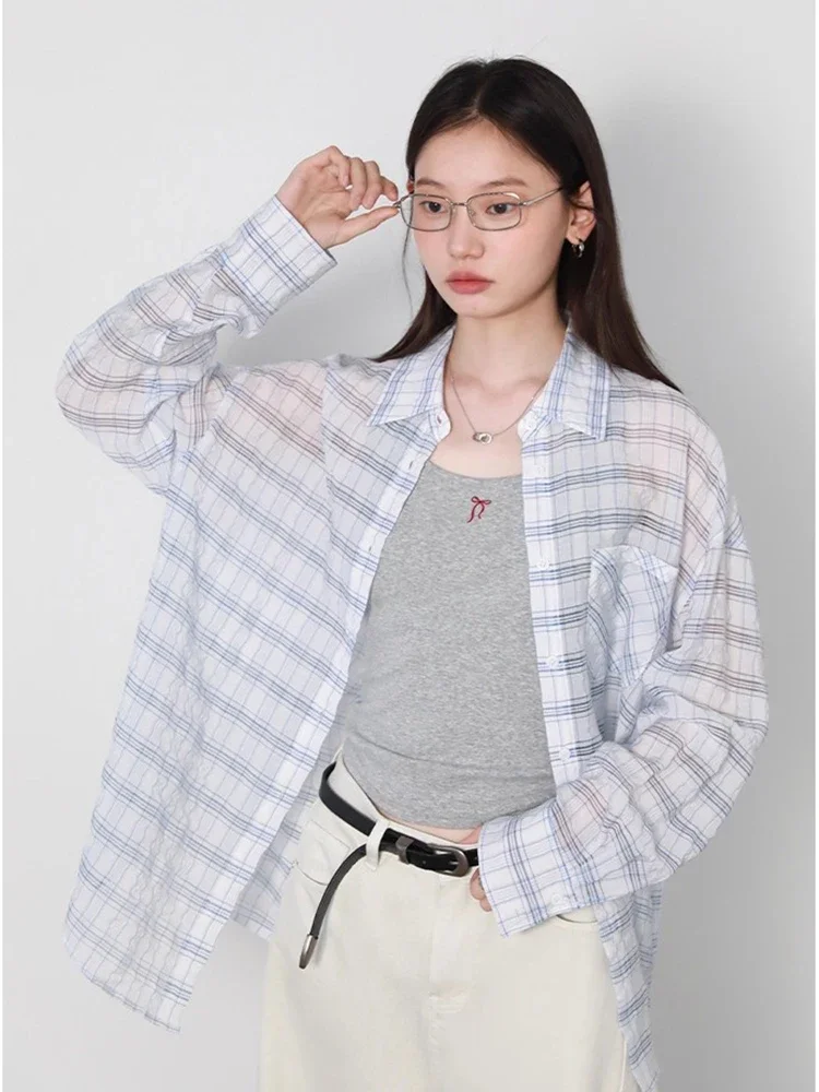 شيك فين قميص نسائي بأكمام طويلة فضفاض غير رسمي جديد منقوش معطف شفاف قليلا خفيف الوزن فتاة بلايز ربيع الخريف 2025 #6