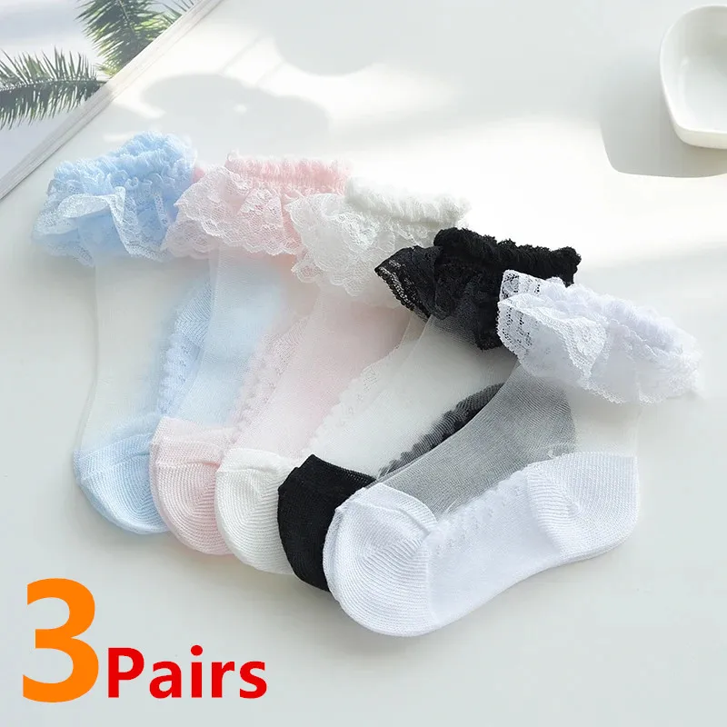 3 Pairs/Lot Summer Children Silk Socks Baby Girls Infant Thin Flower Sock Breathable Solid Mesh Kids Socks For 2-12 Years