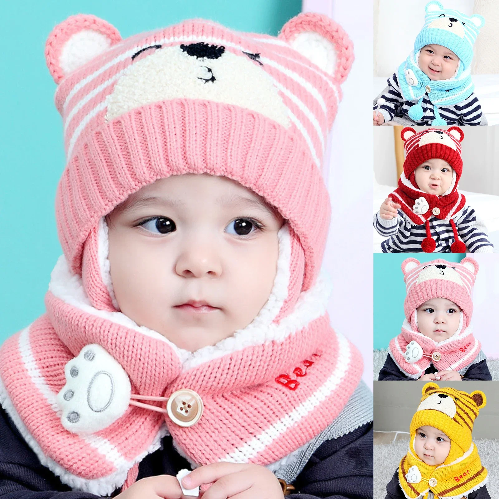 Winter Kids Baby Girls Boys Cartoon Bear Stripe Knit Hat Cap Woolen Yarn Scarf Earmuff Warm Keep Set for Outdoor  Caps