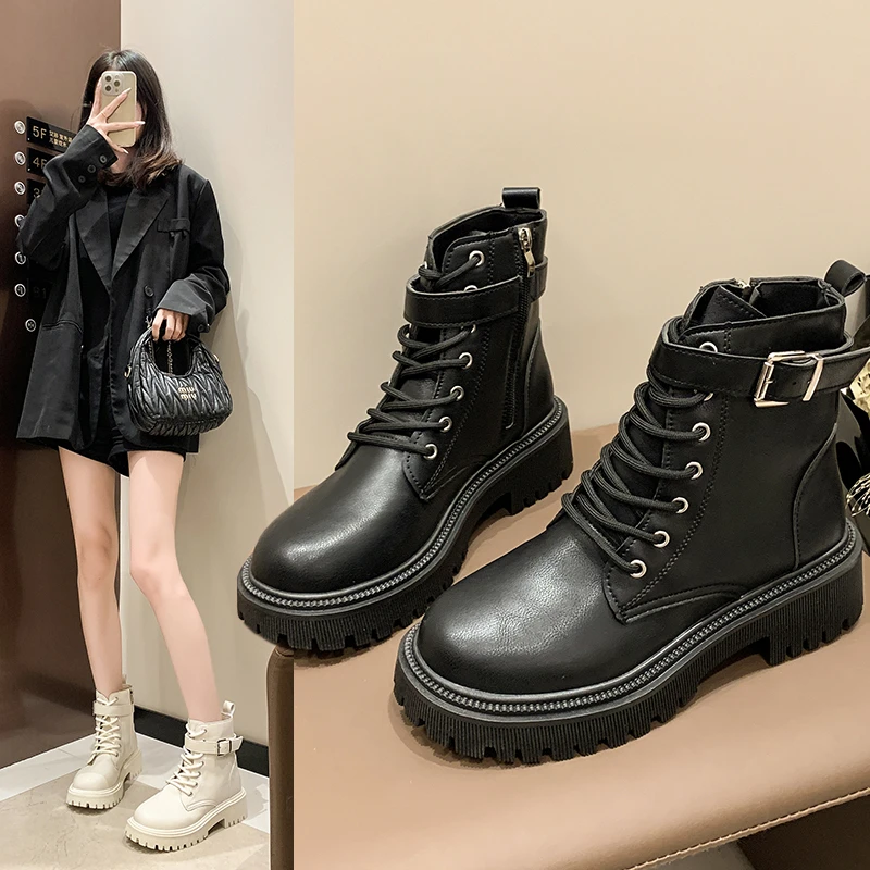 

Женские повседневные мотоциклетные ботинки, размер 35–42, новые короткие ботинки с боковой молнией и круглым носком, квадратным каблуком, толстой подошвой, модные ботинки на высоком каблуке