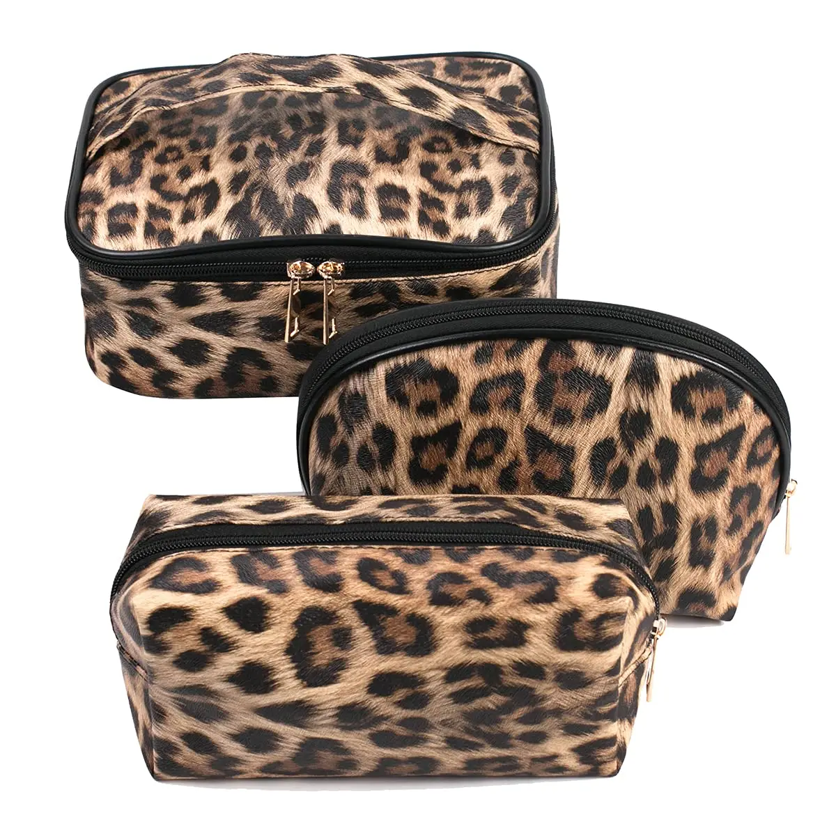 

Makeup Bag Leopard 3 Pack Travel Toiletry Bag Portable Cosmetic Pouch Organizer with Small Brush Holders Gold Zipper Waterproof