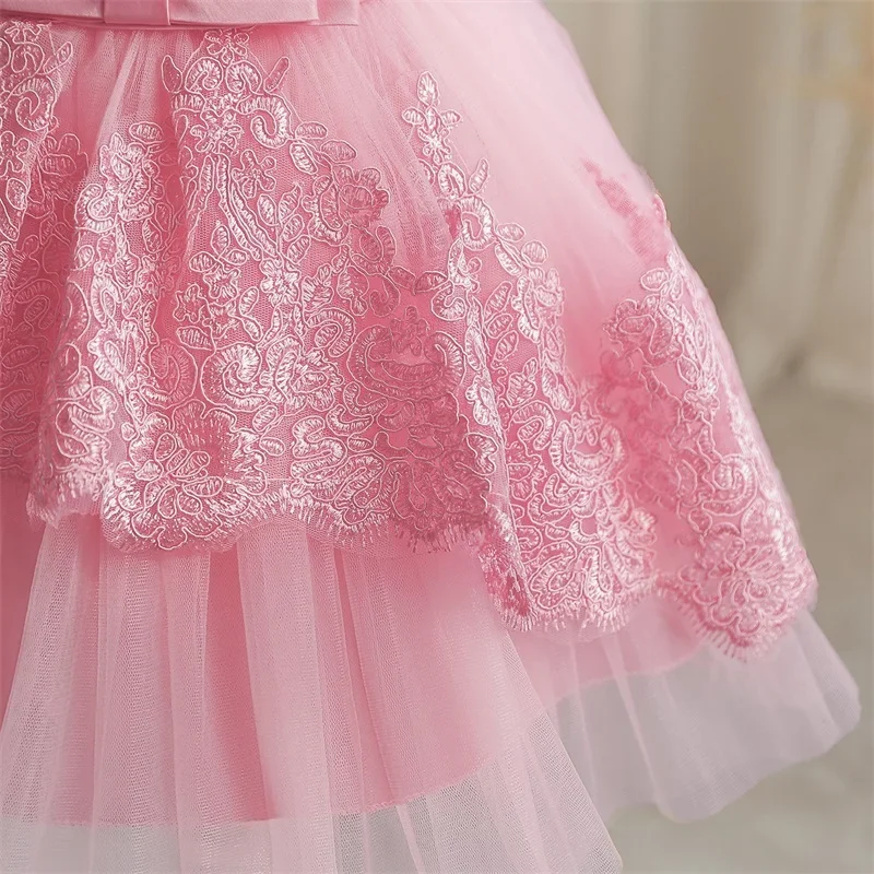 Baby Girls Pink Princess Dress for 1st Birthday Party Backless Embroidery Big Bow Wedding Tutu Gown Girls Baptism Formal Costume