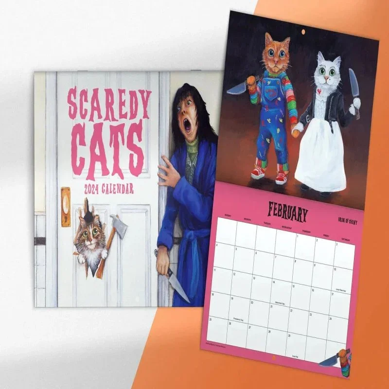 Scaredy Cats 2024 Monthly Calendar Approx. 21x29cm Horror Movie Cat Monthly Calendar Planning 12 Months Wall Calendar