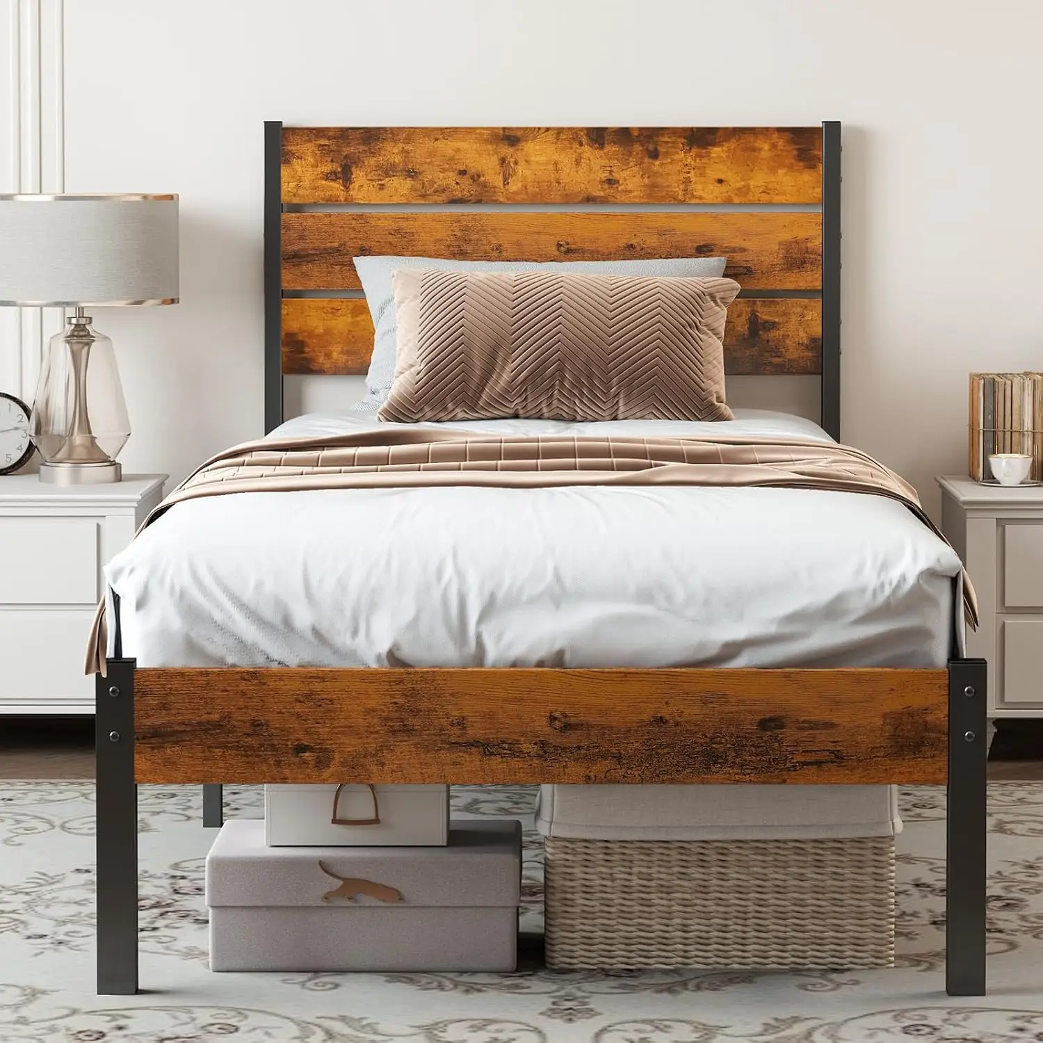 Twin Wood Bed Frame with Headboard, 500LBS Mattress Foundation, Metal Support Platform Bed with Storage, No Box Spring