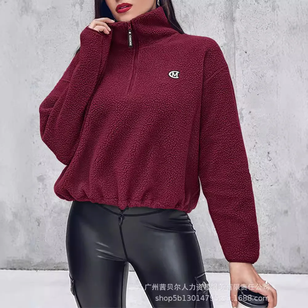 Mandylandy Lamb Wool Fleece Sweatshirts Coats Women Stand-up Collar Casual Long-sleeved Sweater Pullovers Casual Sweatshirts