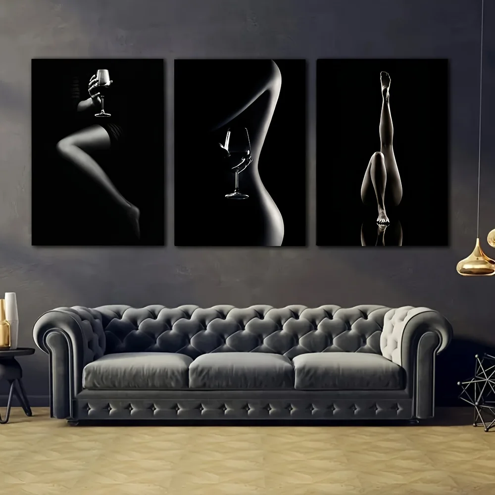 3pcs Unframed Modern Fashion Canvas Prints - Sexy Body Art with Moonlight Effect, Perfect for Bedroom, Living Room,No Frame