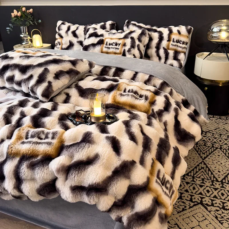 Stripes Floral Thickened Rabbit Plush Bedding Set Milk Velvet Winter Warm Beddings Smooth Lint Resistant Quilt Cover Bed Sheet