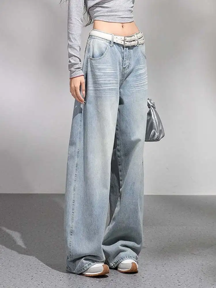 Calças Jeans de Cintura Alta Assimétrica com Pernas Largas para Mulheres, Ajuste Solto, Estilo Casual, Denim Azul Bordado com Detalhes em Lâmina