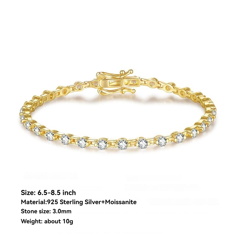 925 Sterling Silver Sparkling 3mm Moissanite Women's Bracelet -  Gold Plated Wedding Bracelets & Engagement Bridal Jewelry