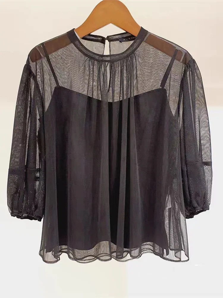 

Elegant Summer New Style Women's Shirt Gauzy Light Translucent Lace round Neck Lantern Sleeve Pleated Cotton Blend Casual Wear