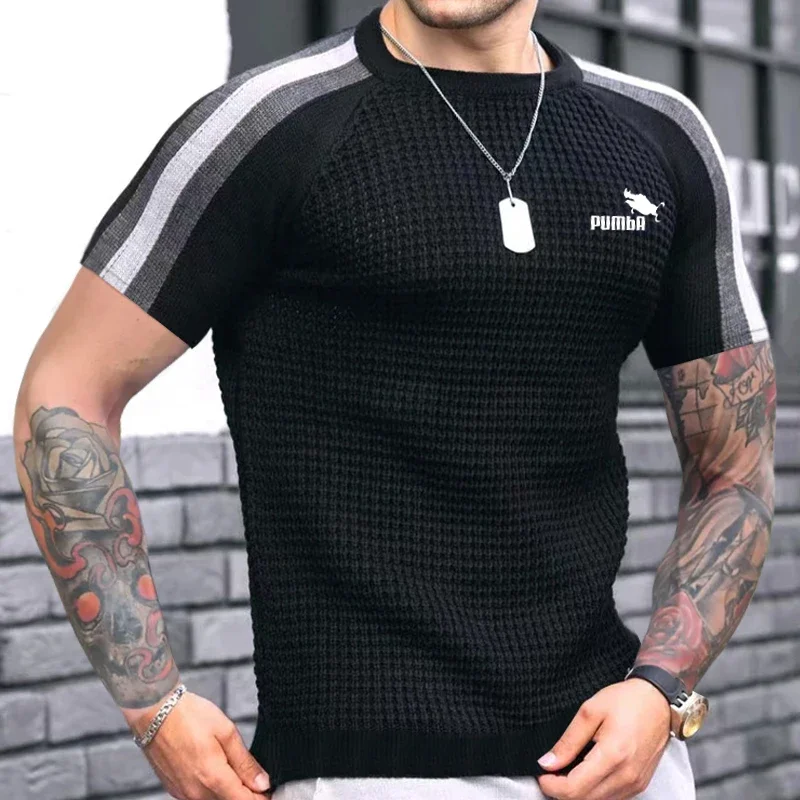 Men\'s Spring Summer New Waffle Pattern Shirt For Men Pullovers High-quality Casual Knitted Heavy Round Neck Top Tees