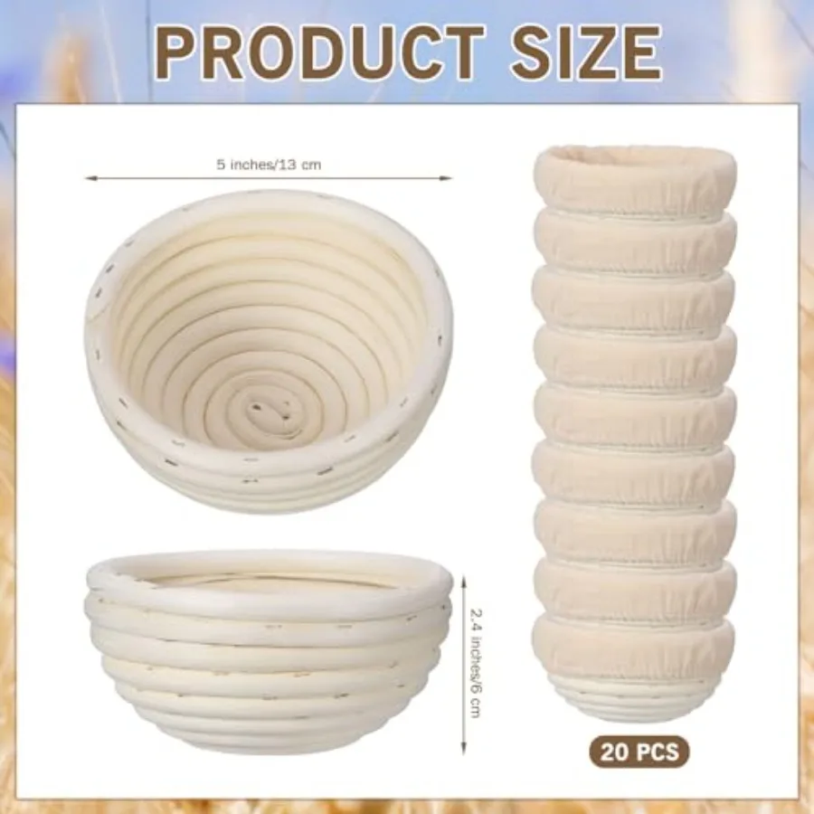 20 Pcs Bread Proofing Basket 5 Inch Banneton Round Dough Sourdough Basket Set Rattan Bakery Baking Bowl with Linen Liner Bread
