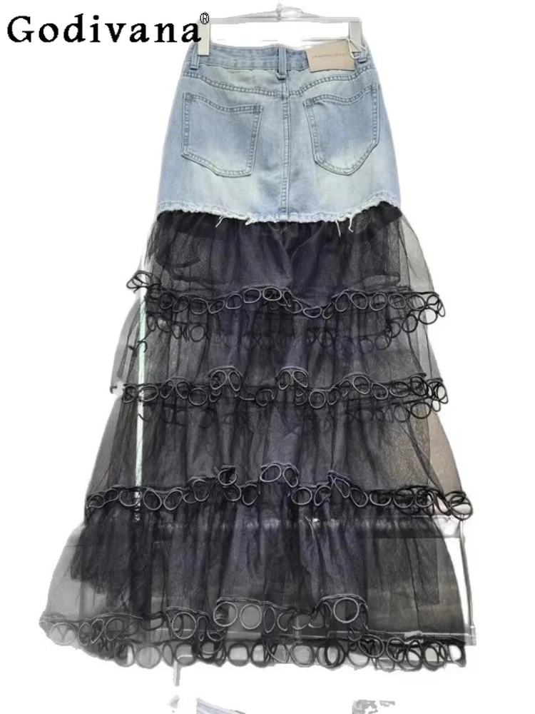 

Sweet Cool Chic Splicing Gauze 2025 Summer New Street Denim Skirt Personality Irregular Versatile Loose A-line High Waist Skirts