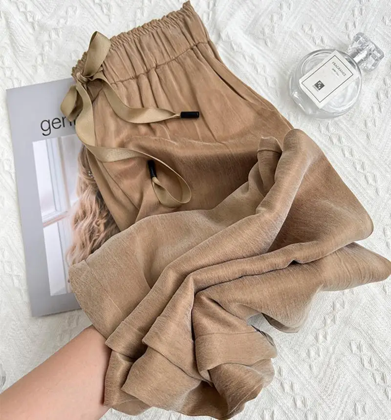 Calças Femininas de Verão em Tamanho Grande, de Seda Gelada, Corte Largura, Estilo Casual, Fibra de Cobre e Amônia