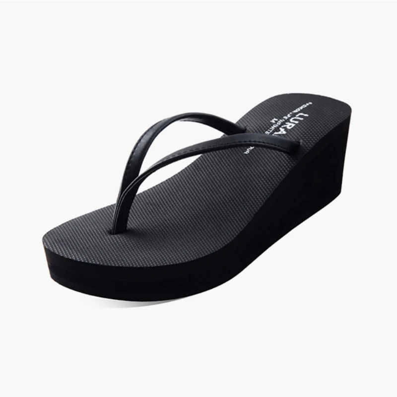 Korean Version of High-heeled Women Flip-flops Summer Outdoor Thick-soled Elegant PU Ribbon Non-slip Beach Slippers Height 6.5cm