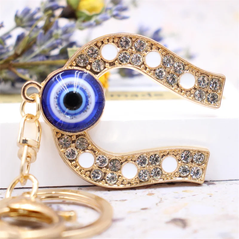 Colgante de ojo de diablo azul de Turquía, llavero de herradura en forma de U, amuleto musulmán, joyería, decoración colgante de coche