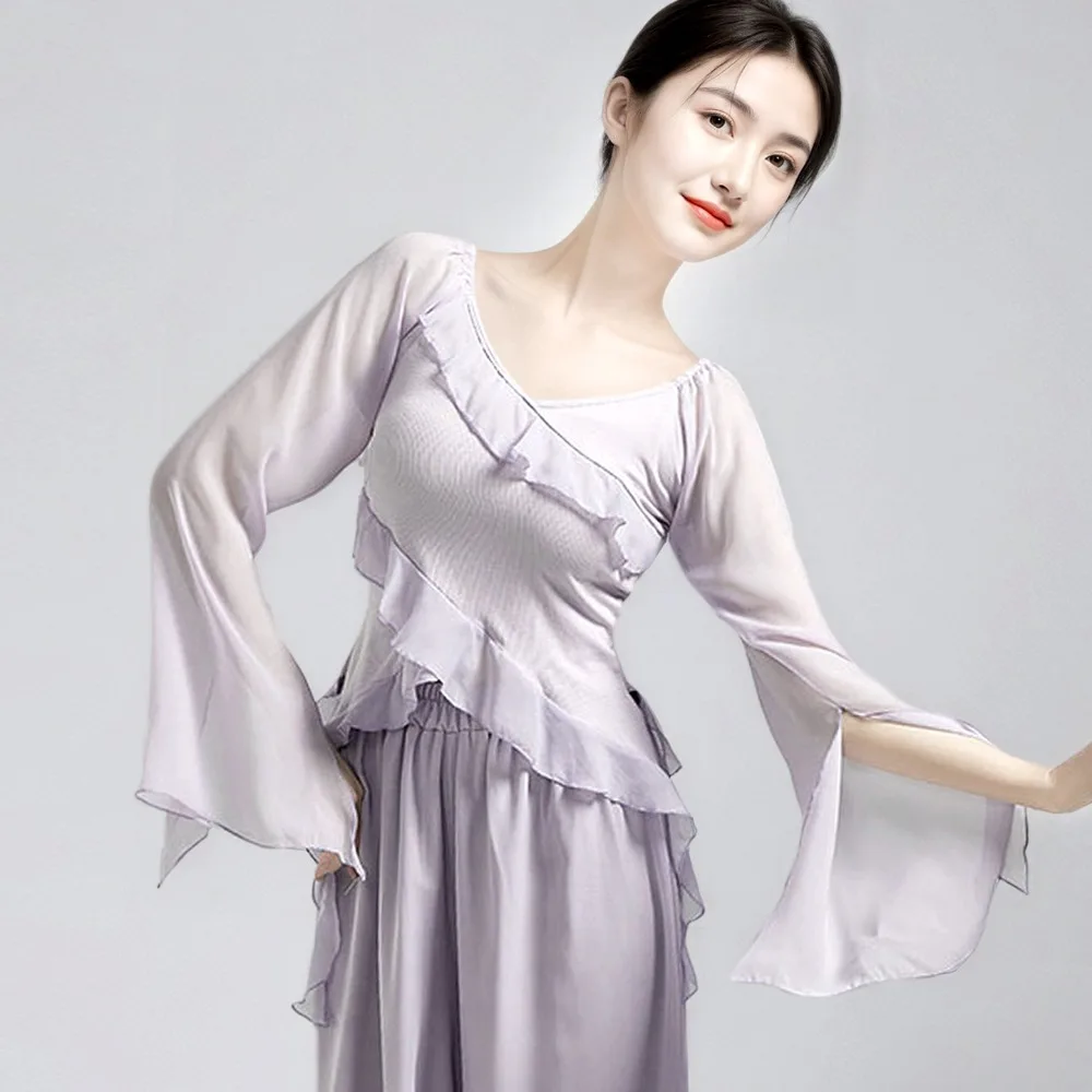 Women Ruffled Long Sleeve latin dance top Gauze Modern Dance Practice Bodysuit Slim Training Costume For Stage Class Competition