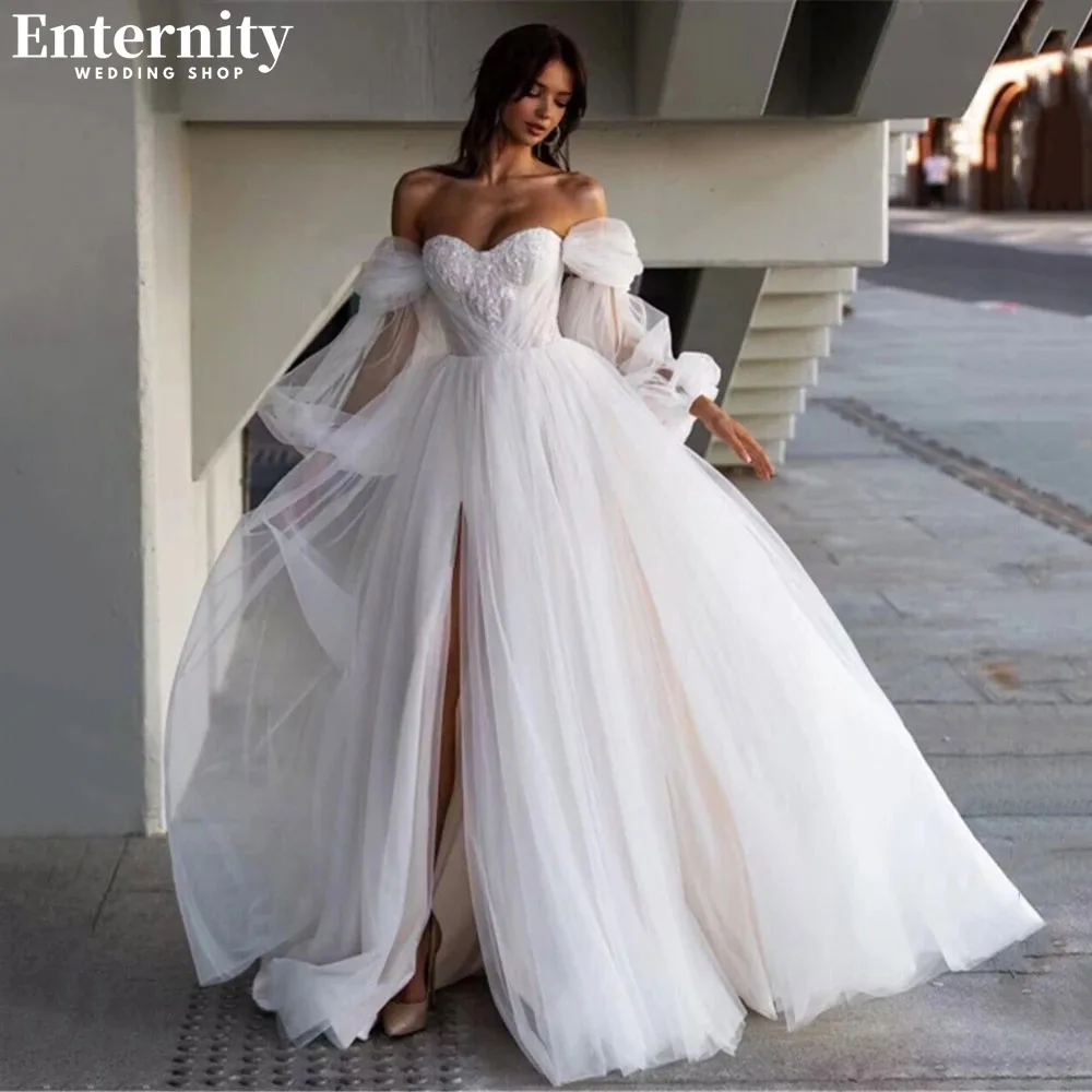 

Modern Sweetheart Appliques Wedding Dress A Line Three Quarter Sleeves Bridal Gown Sweep Train Side Split Vestido De Novia