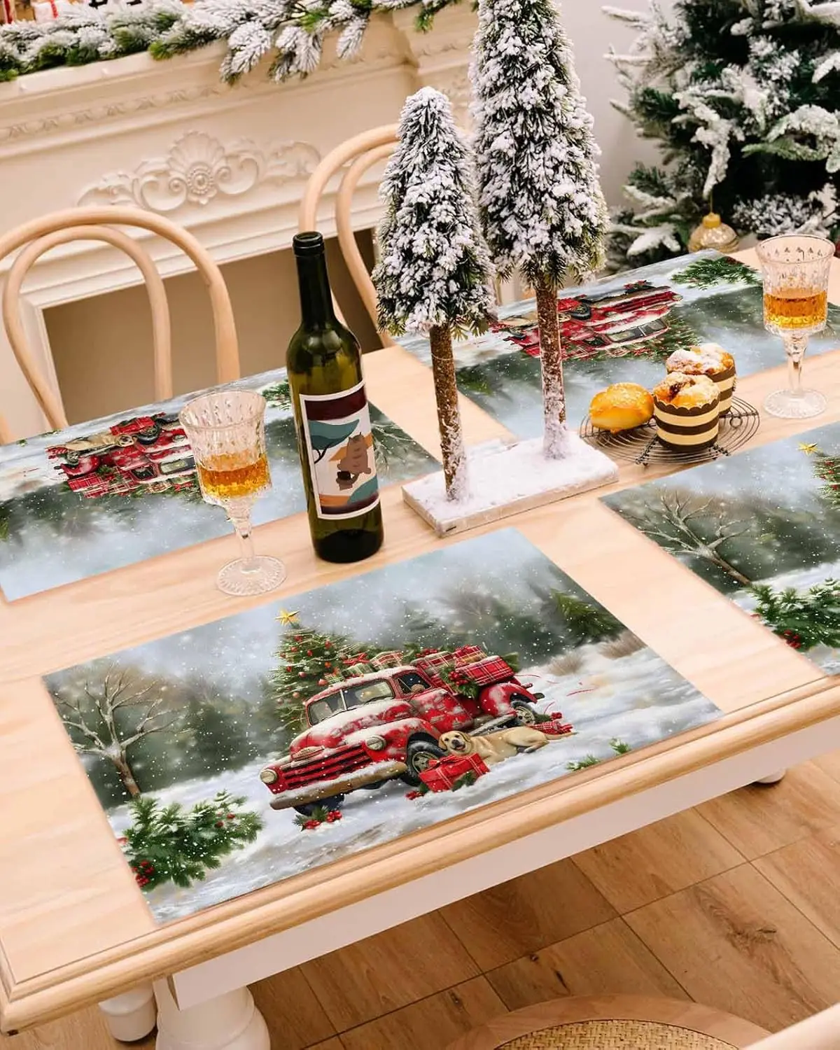 

Christmas Tree Truck Dog Snow Table Mats for Kitchen Dining Decor Washable Winter Holiday Placemats Christmas Decorations
