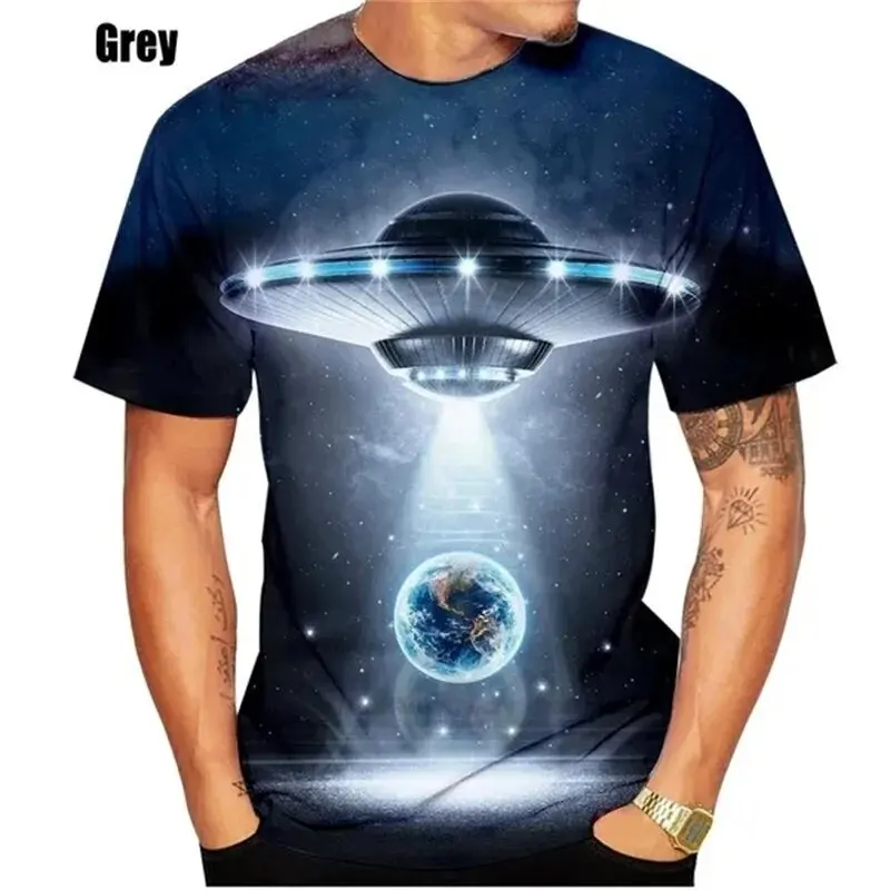 Nave espacial masculina com gola redonda camiseta de manga curta, blusa esportiva casual, nova moda verão, plus size