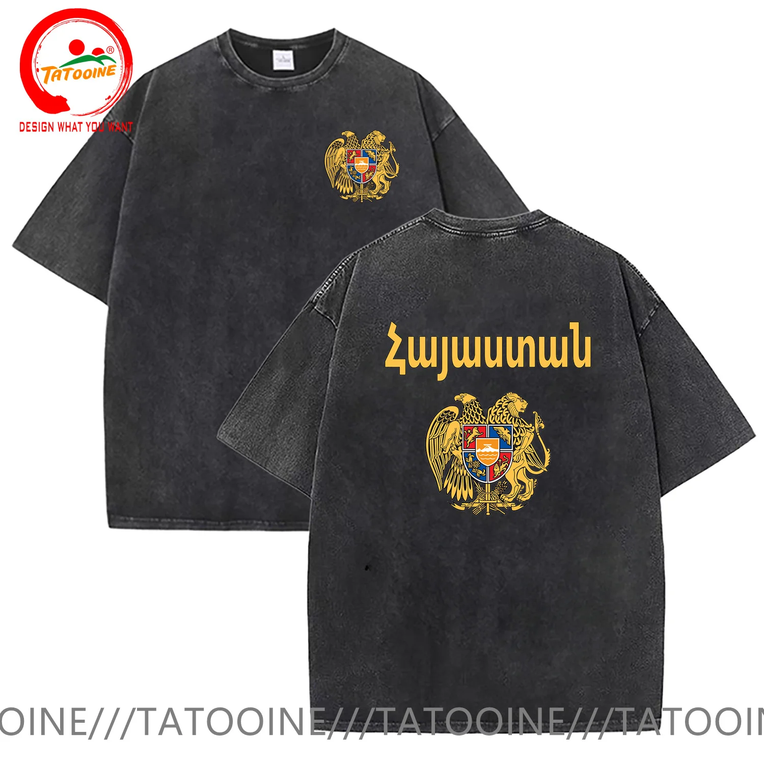 

Vintage Washed Cotton T-Shirt Armenia Coat of Arms Design Armenian Text T Shirt Men Summer Casual T Shirt Soft Fashion TeeShirt