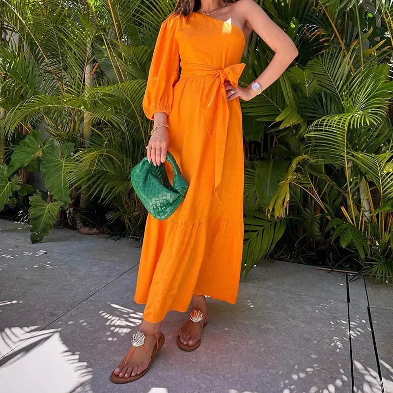 

High Waist Autumn Women Slash Neck Puff Sleeve Linen Maxi Dress Solid Color Pullover Lace-Up Ruffle Vacation Party Women's Dress