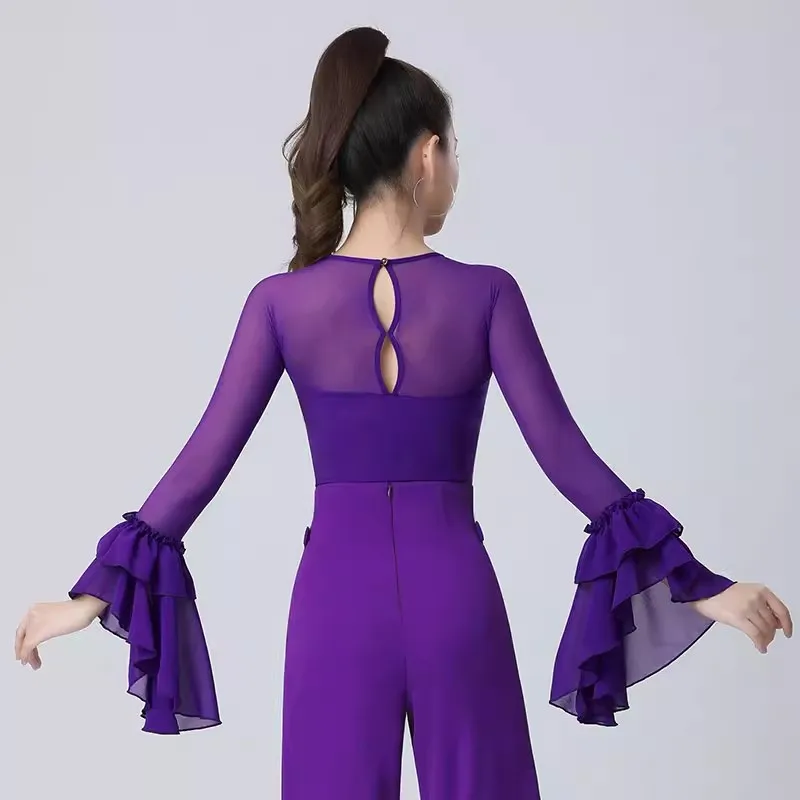 Top de baile latino para mujer, ropa de leotardo de salón de baile, mono de vals estándar nacional, blusa de Tango, ropa de práctica, novedad de 2024