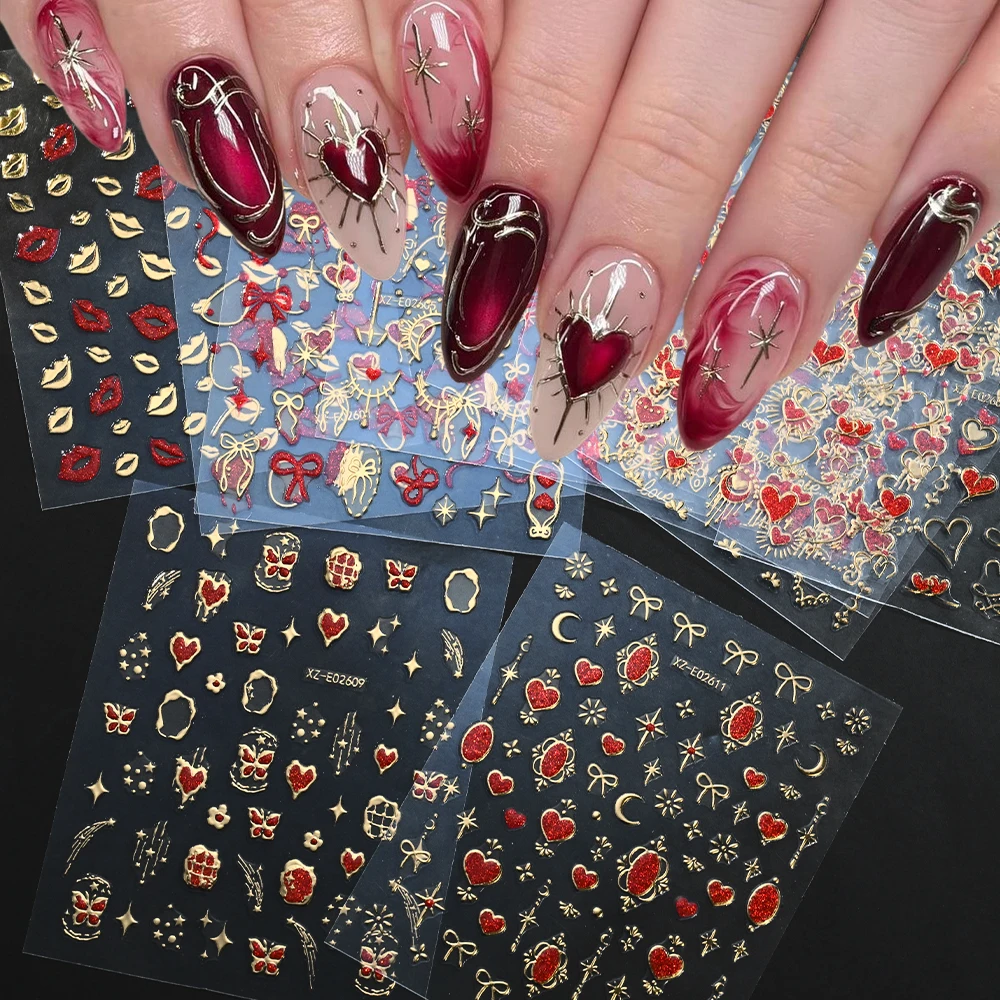 

12 шт. красных наклеек для ногтей с сердечками, губами, бантиками, ко Дню святого Валентина, с бронзовыми звездами/луна/солнце/цветы, французские наклейки для маникюра, 8x10 см, слайдеры для ногтей