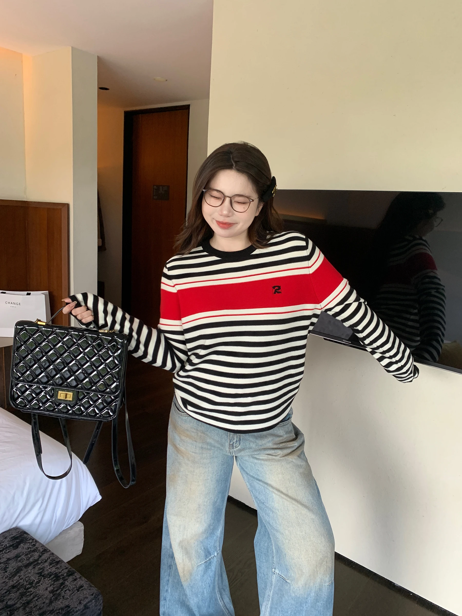 

Casual Comfortable Knitted Sweater round Ne Overhead Striped Loose Fit Color Blo Cotton Long Sve Women's Winter Top