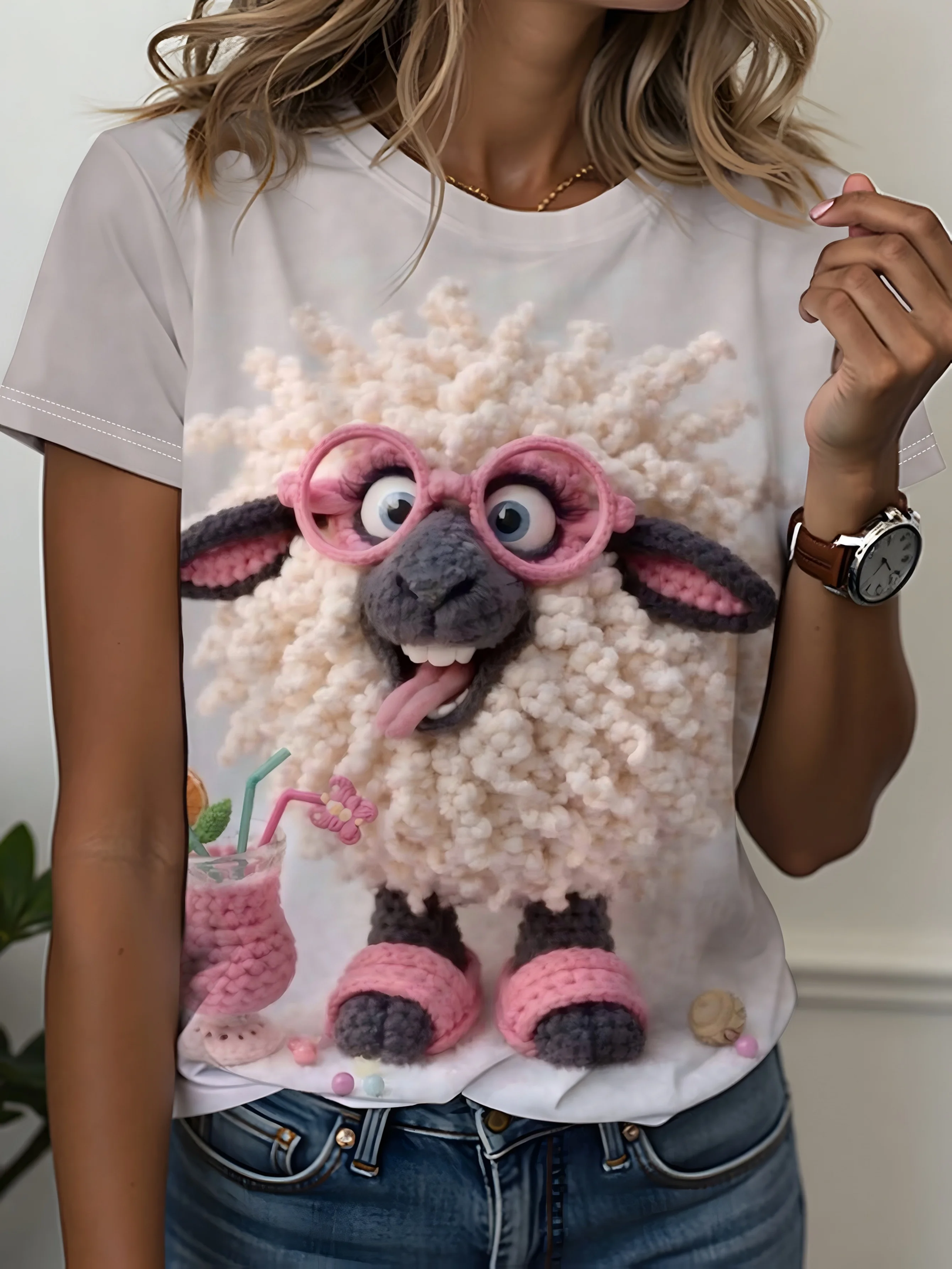 2026 New Women O‑neck Short Sleeve Tee T-shirts Crochet Sheep Animal Print Casual Summer Daily Top Women's Clothes