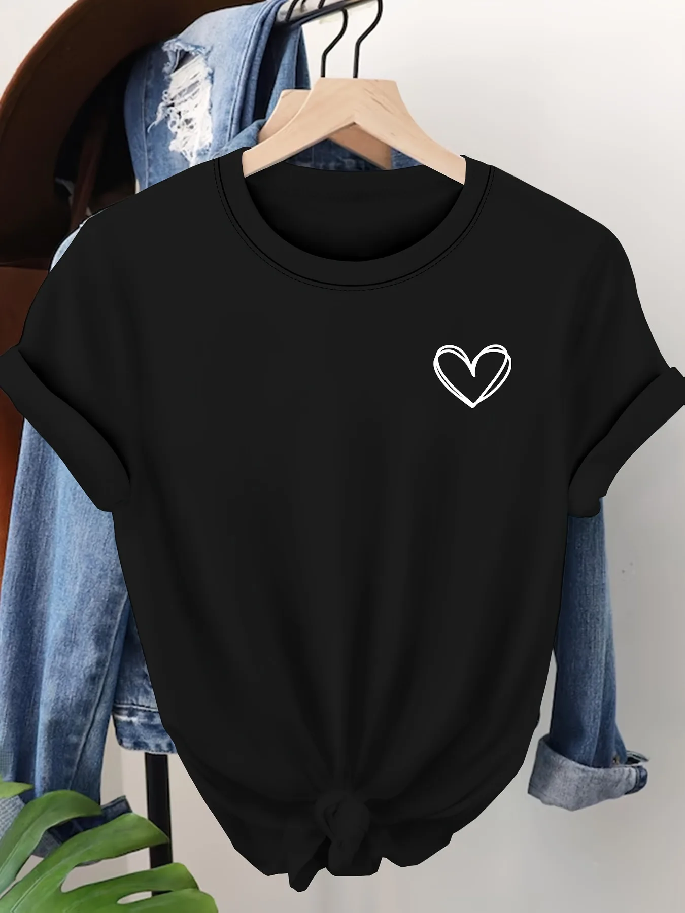 Love Pattern Printed Sleeved Round Neck Love Line Printed Sleeved Appears White Orange Round Neck Top for Daily Commuting
