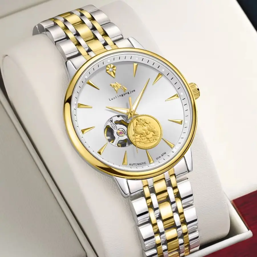 ハイエンドの麒麟文字盤の高級自動機械式時計、男性用、欧米スタイルのファッションビジネスカジュアルウォッチ、成功者向け、スケルトンデザイン、バタフライクラスプストラップ、彼への最高の誕生日プレゼント