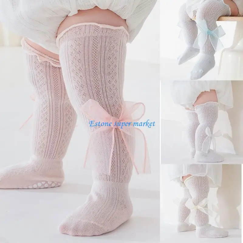 

090B Girls Lace Embellished Knee Socks Lightweight Cotton For Daily And Parties