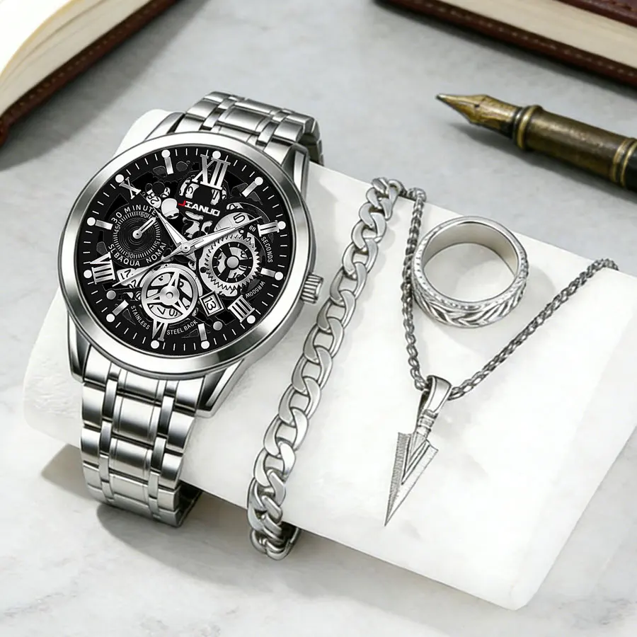 Business Luxury Men's Steel Band Watch Hollow Classic Luminous Quartz Watch 4-Piece Set Trendy Ring Necklace Matching