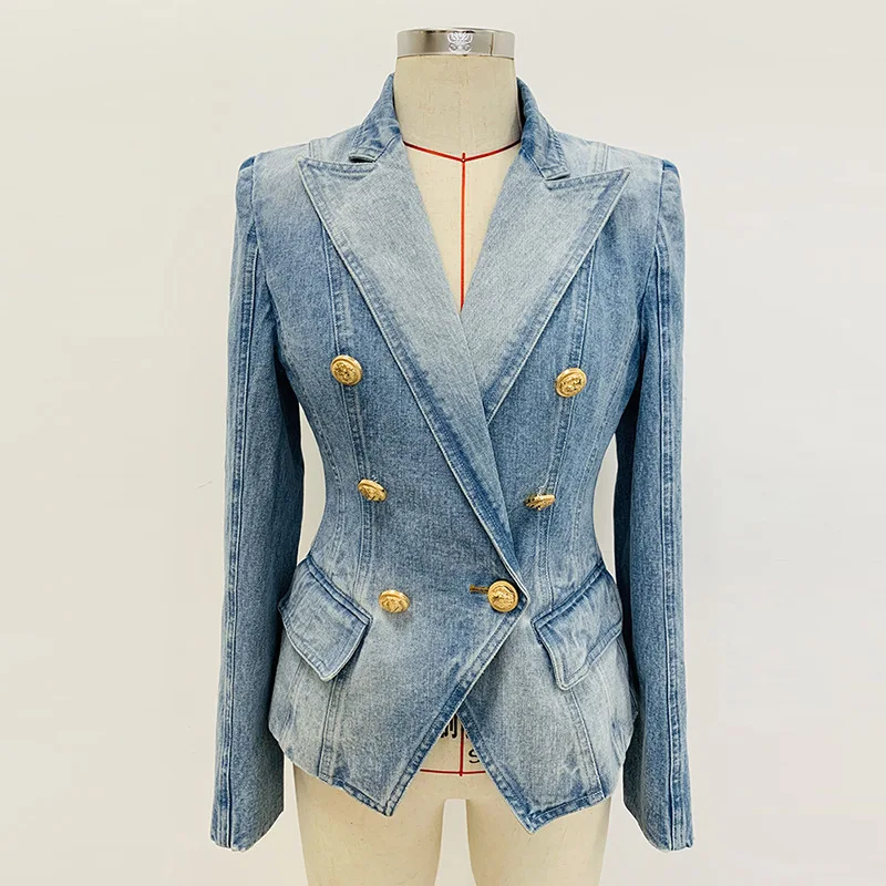 

2024 Celebri Sle Slim Fit Double Breasted Lion Button Denim Suit Jaet Women Outerwear Casual Busin Long Sve Coat