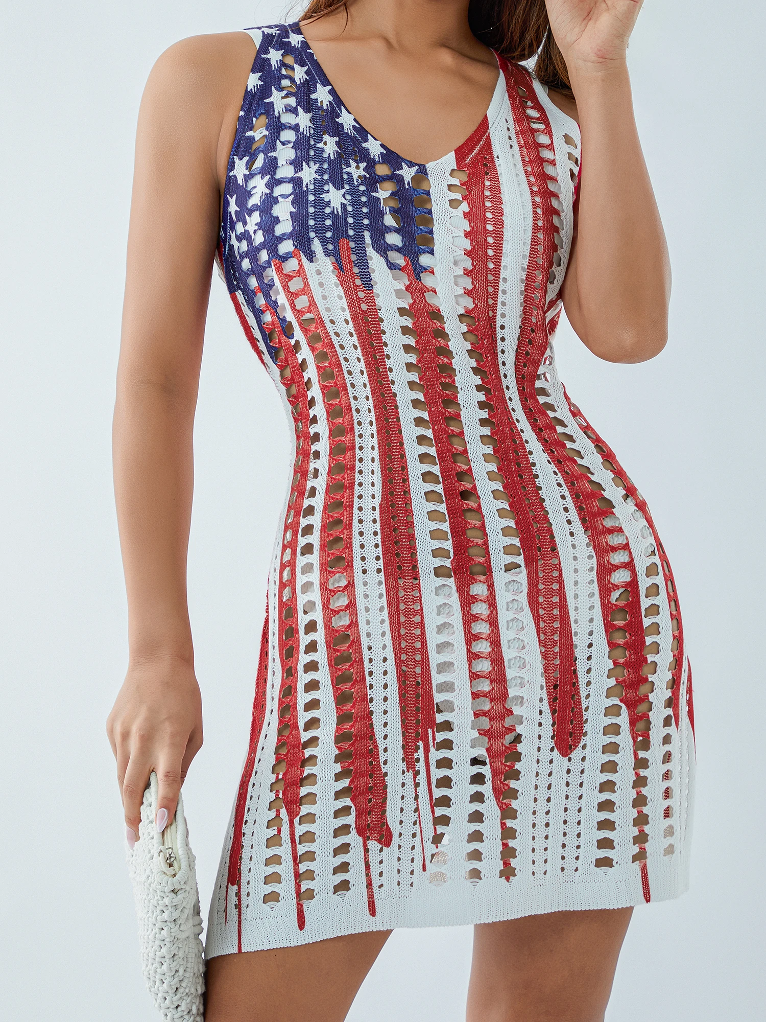 American Flag Cover Up Dress for Women Hollow Out Crochet Sleeveless Cover Up 4th of July Beach Swimwear Dresses