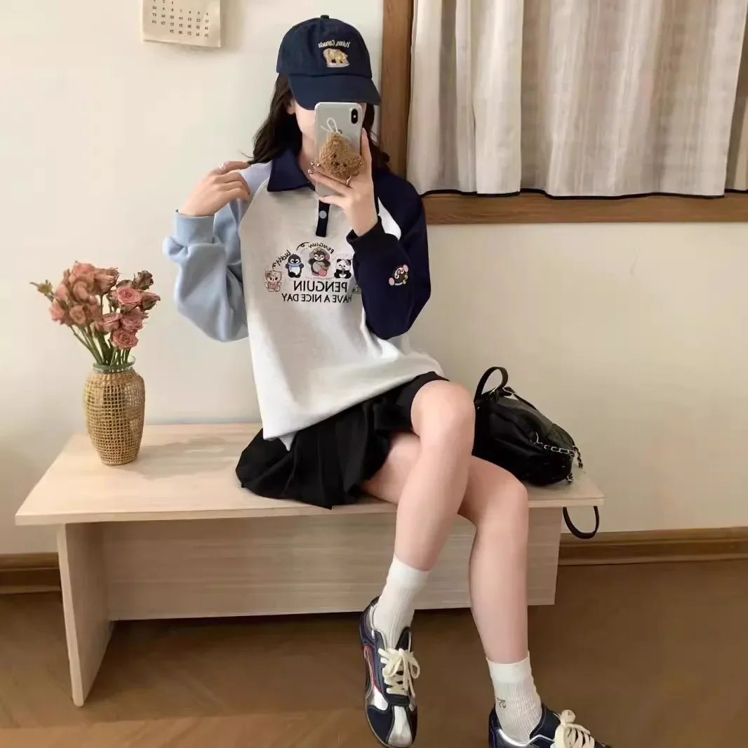 POLO collar contrast color long-sleeved sweater women autumn and winter Korean casual cartoon embroidery plus velvet loose coat