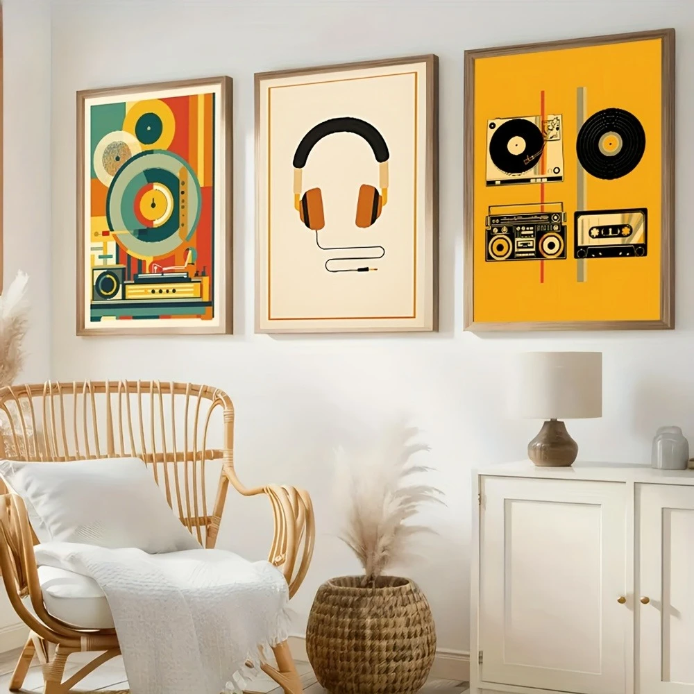 3pcs  frameless Vintage Music Art Phonograph Radio and Headphones Vinyl Records Cassette Tapes Retro Music-Themed Canvas Posters